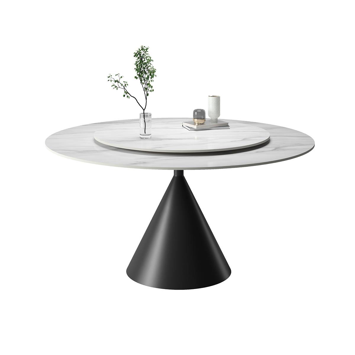 White marble pattern round dining table with rotating tray on white background
