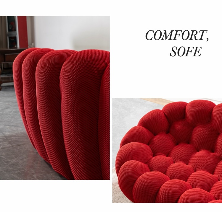 Close-up images showing the comfort and soft texture of the red fabric.
