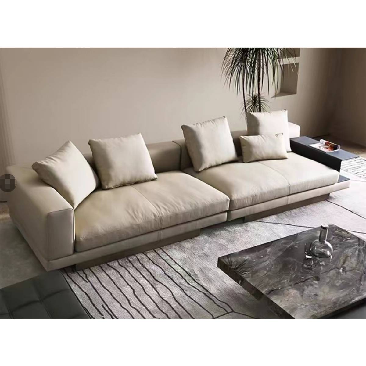 High-angle view showing the layout of the sofa and the texture of the rug.