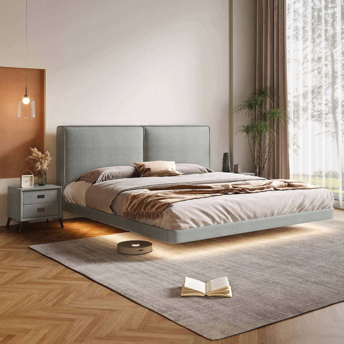 Grey floating bed in a modern bedroom setting with LED lighting underneath