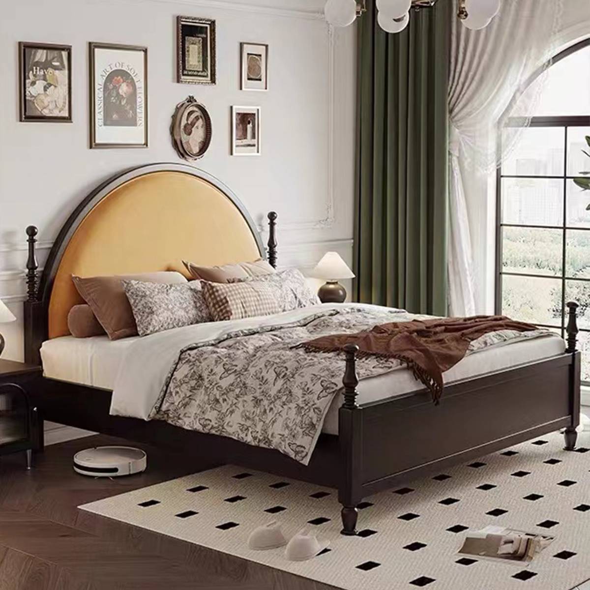 Full bedroom setup showing the bed with nightstands and decor