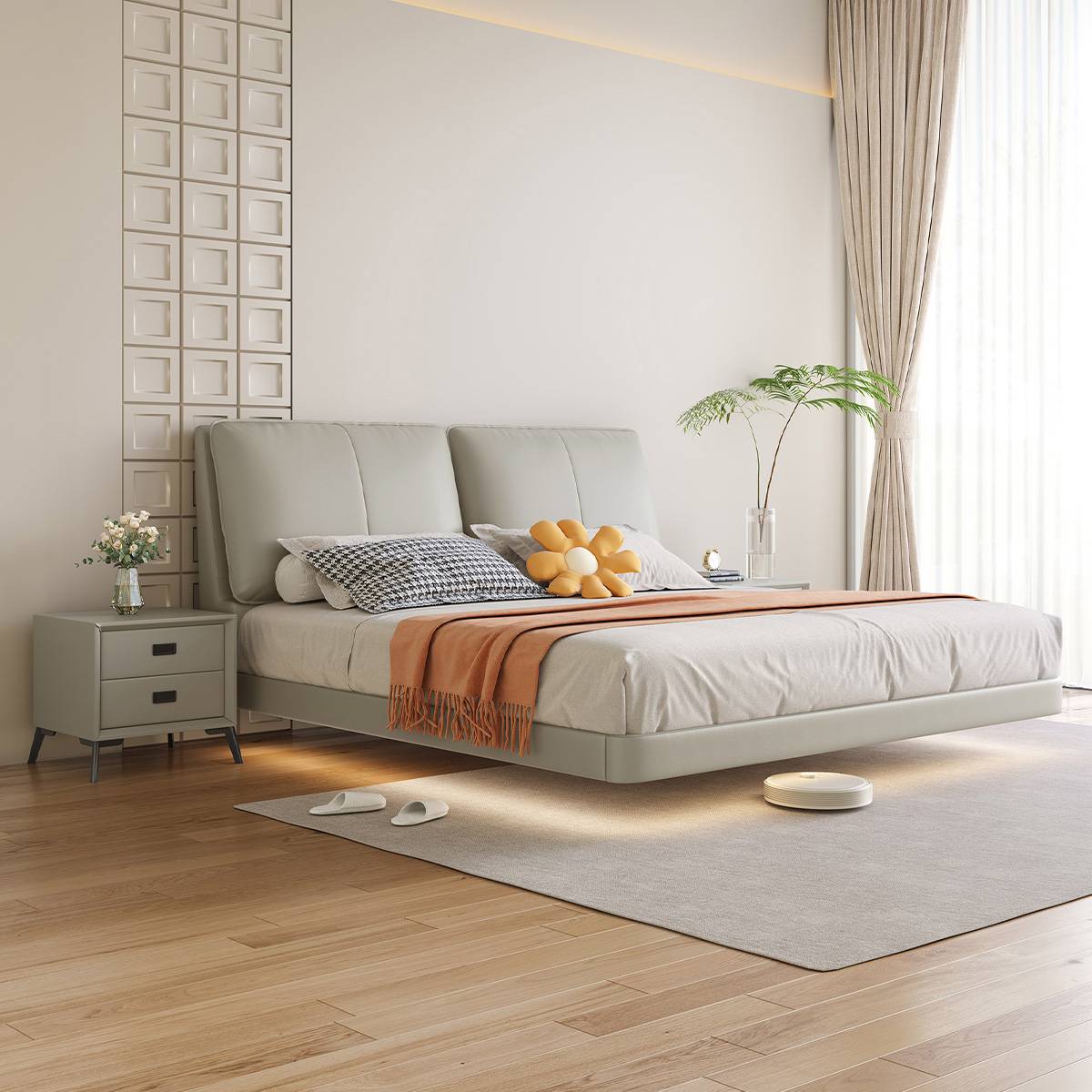 Side view of a grey eco-leather floating bed with LED lighting underneath