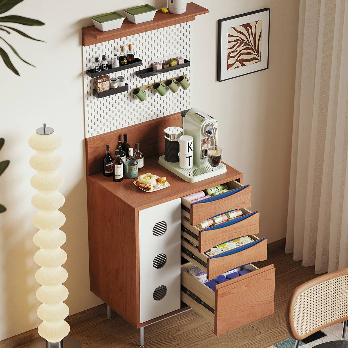 Sideboard with open drawers showing storage capacity