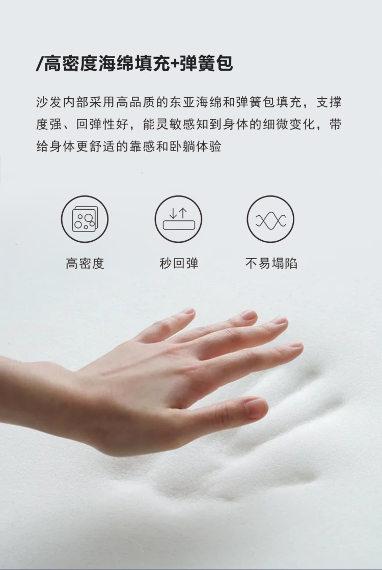 Infographic showing high-density sponge filling with icons for high density, quick rebound, and anti-sagging.