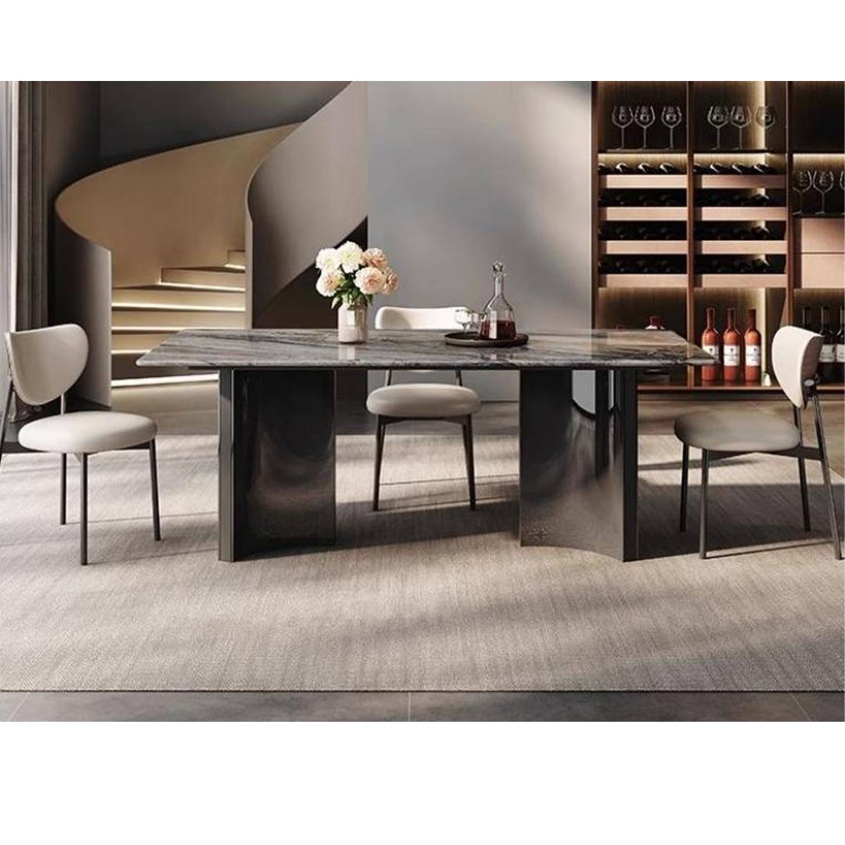 Side view of the dining table showing the stainless steel Mercedes base and marble top