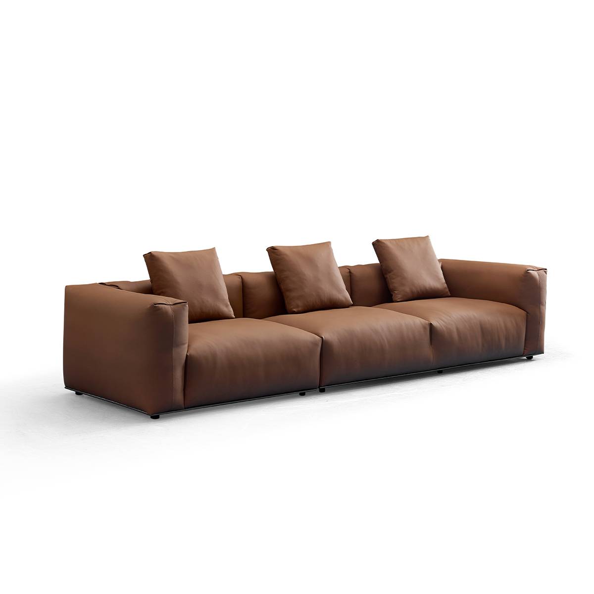 Side profile view of brown leather sofa
