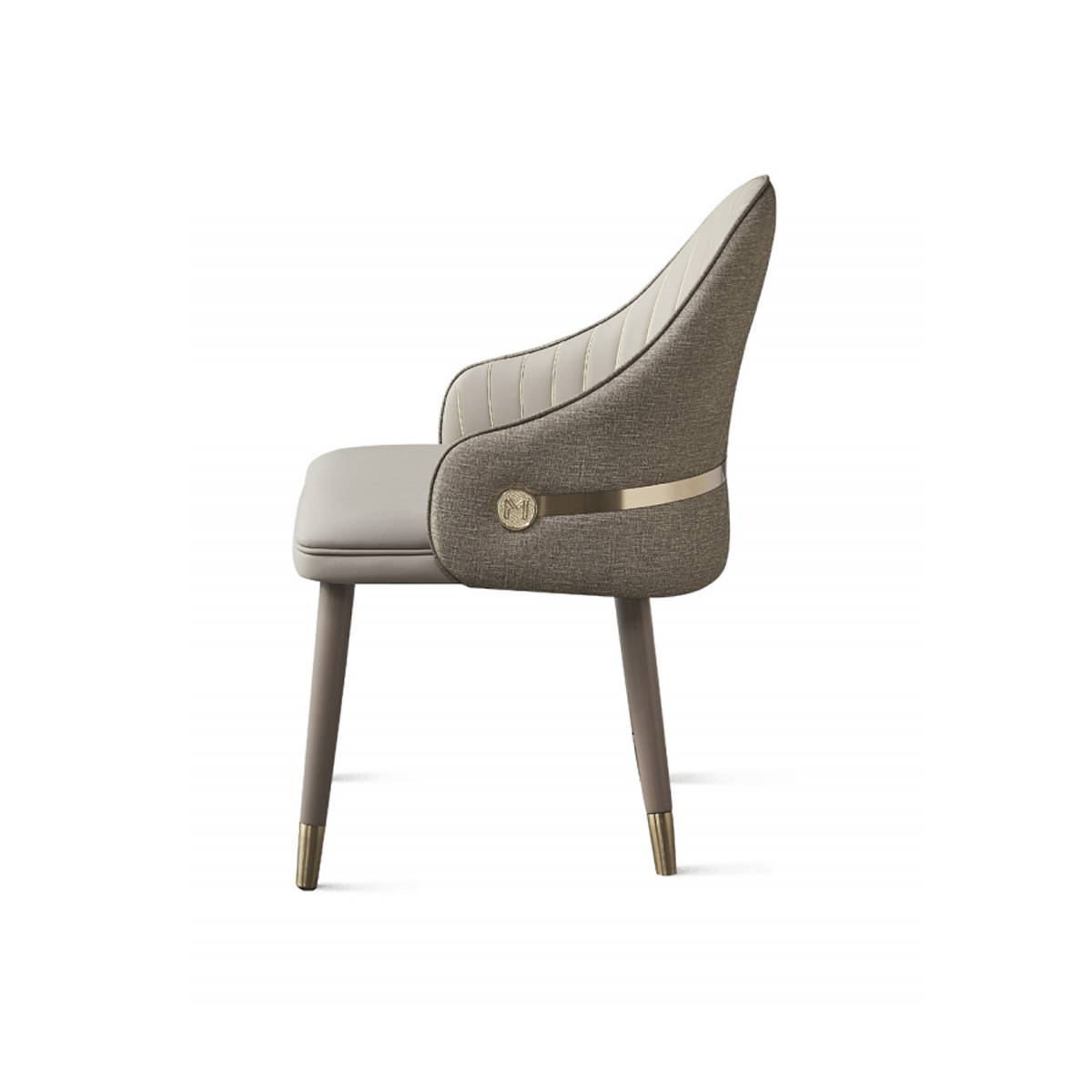 Side profile view of the dining chair showing the fabric side panel and metal accent strip