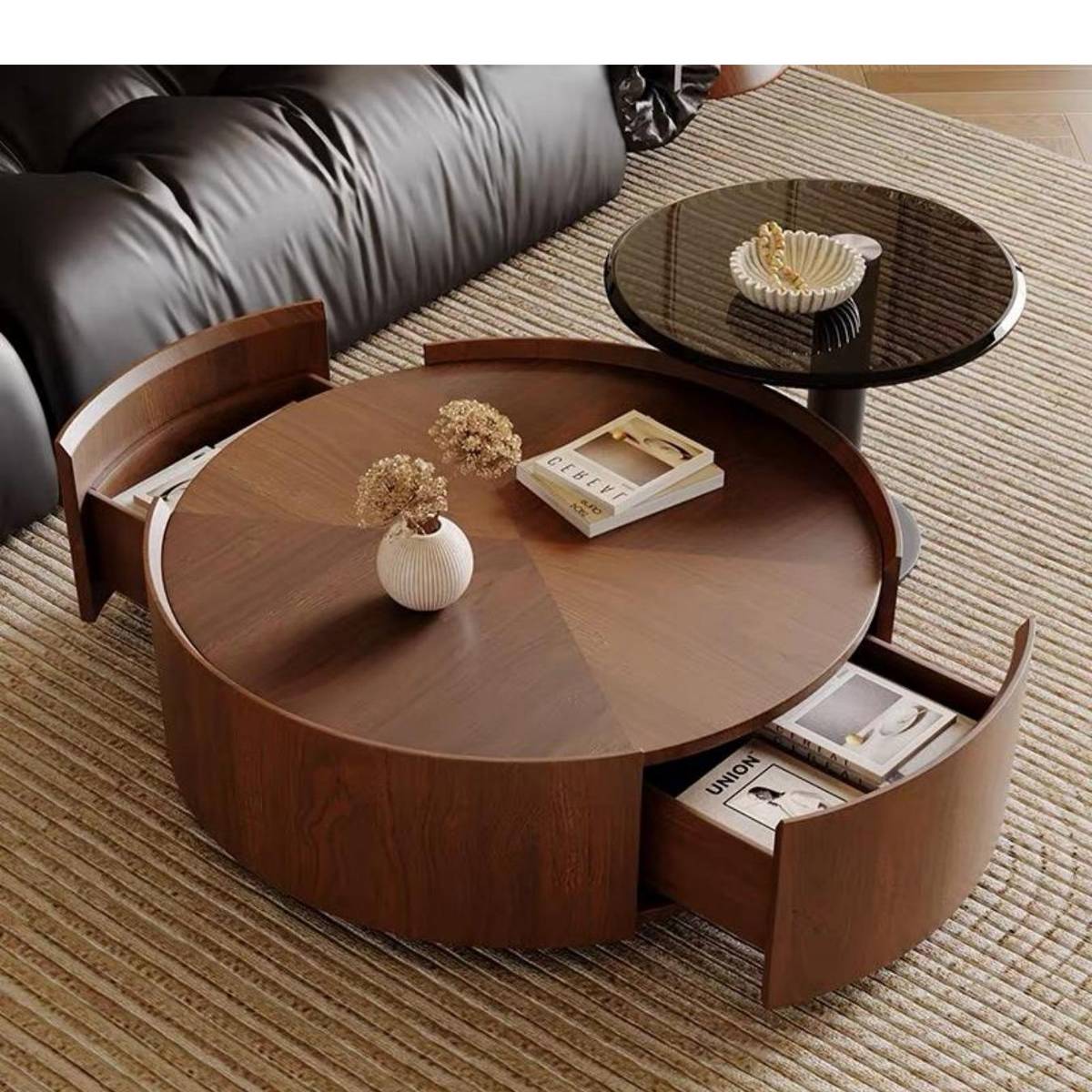 High angle view showing the coffee table with drawers open, revealing storage space for magazines.