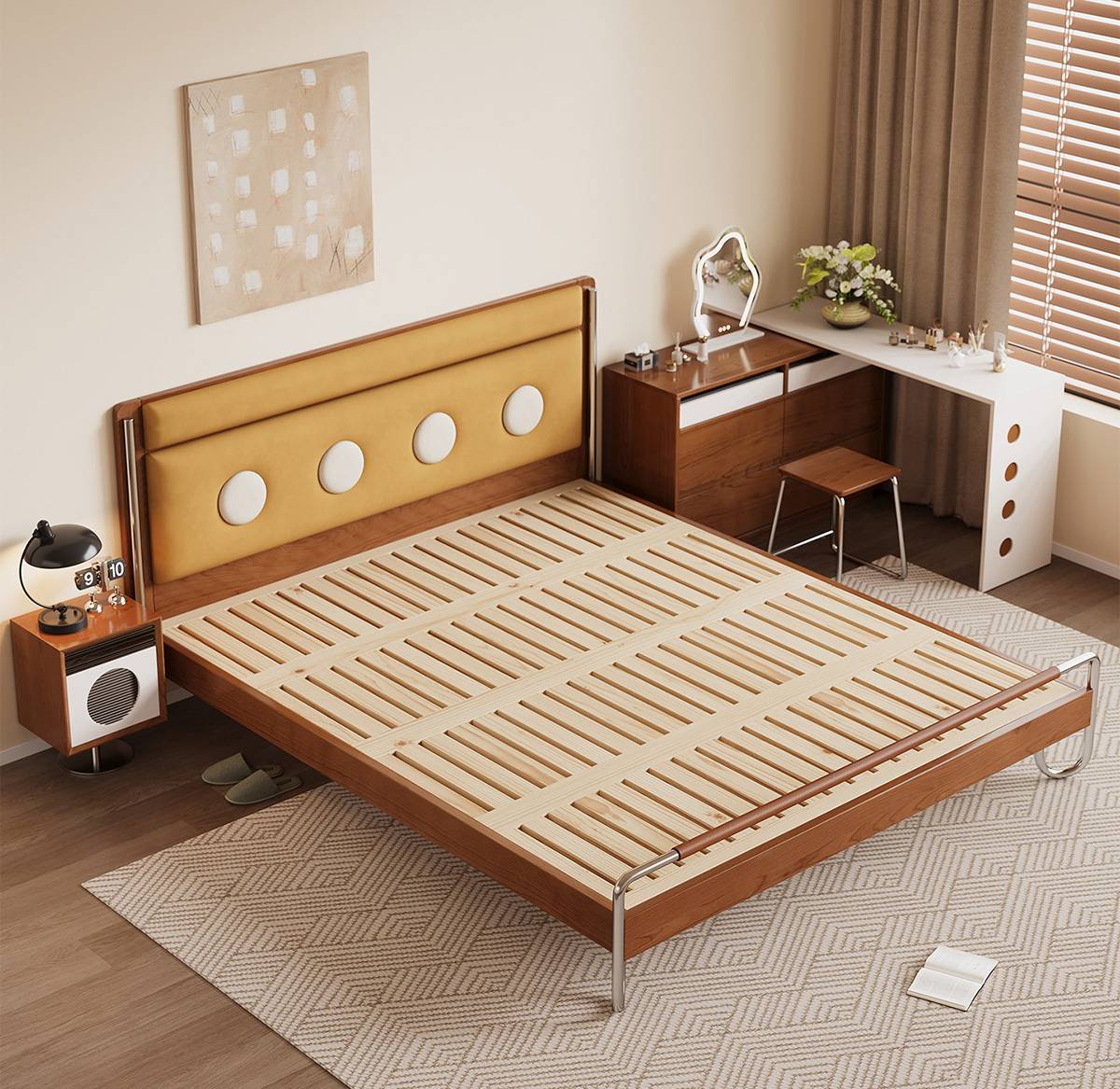 Lemon yellow bed frame showing the wooden slat base without mattress