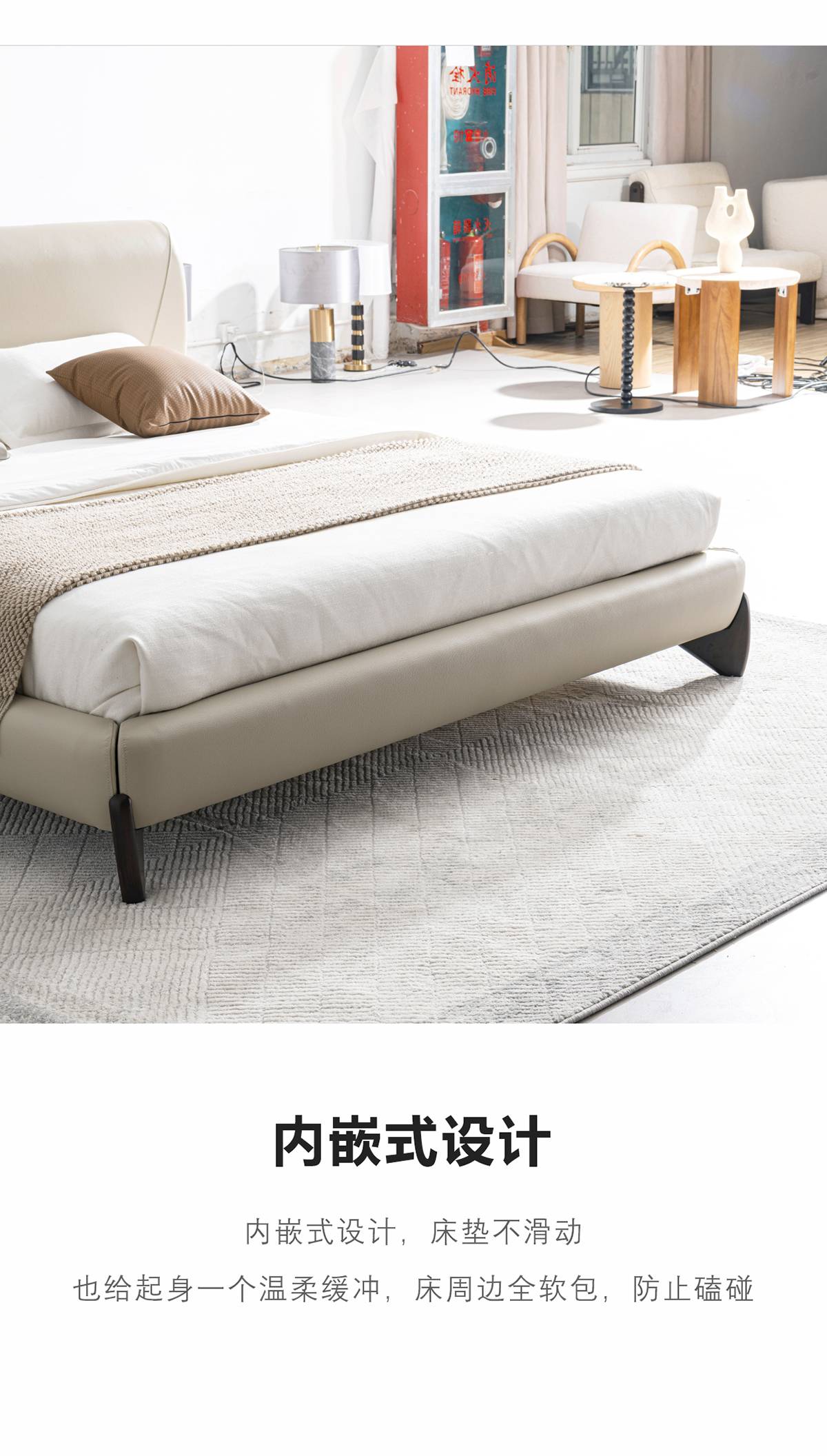 Full view of the bed with the embedded design, showing the mattress placement and soft-wrapped edges.