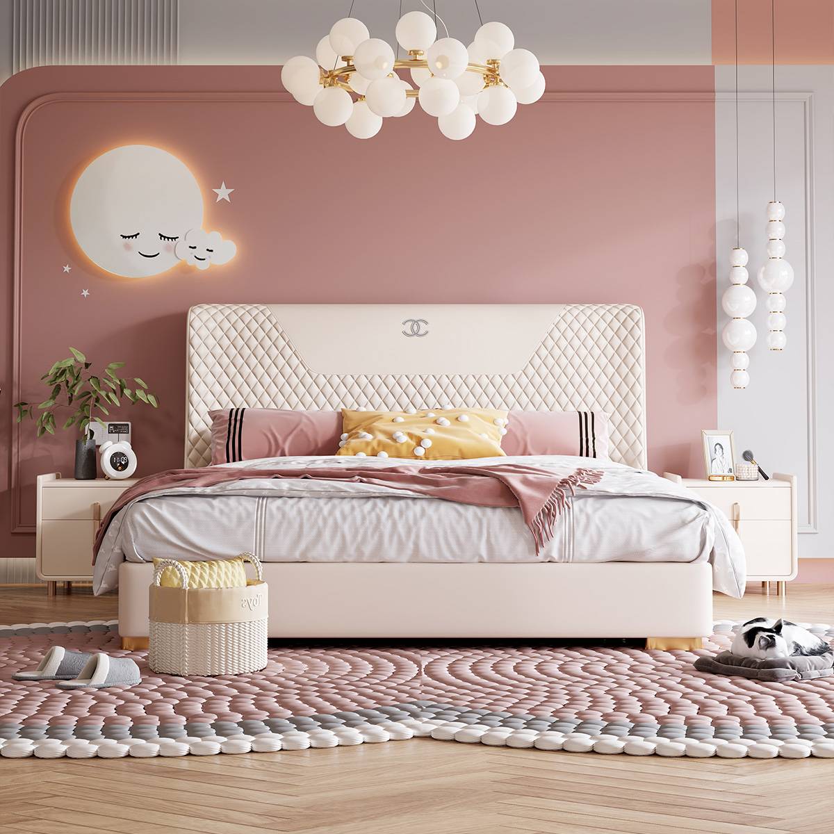 Front view of the upholstered bed showing the headboard design and bedding arrangement.