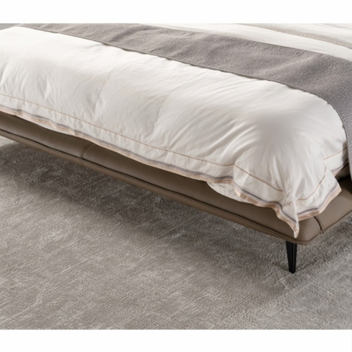 Full view of the Cloud Soft Bed in a modern bedroom setting with wooden ceiling beams.