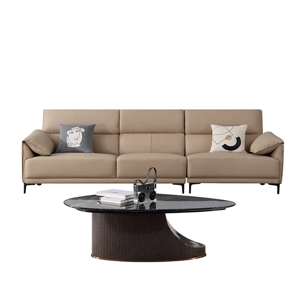Sofa in a modern living room setting with artwork