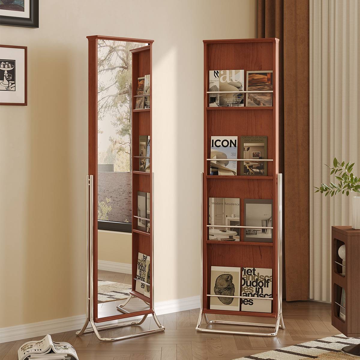 Bauhaus style full-length mirror and magazine rack standing in a living room