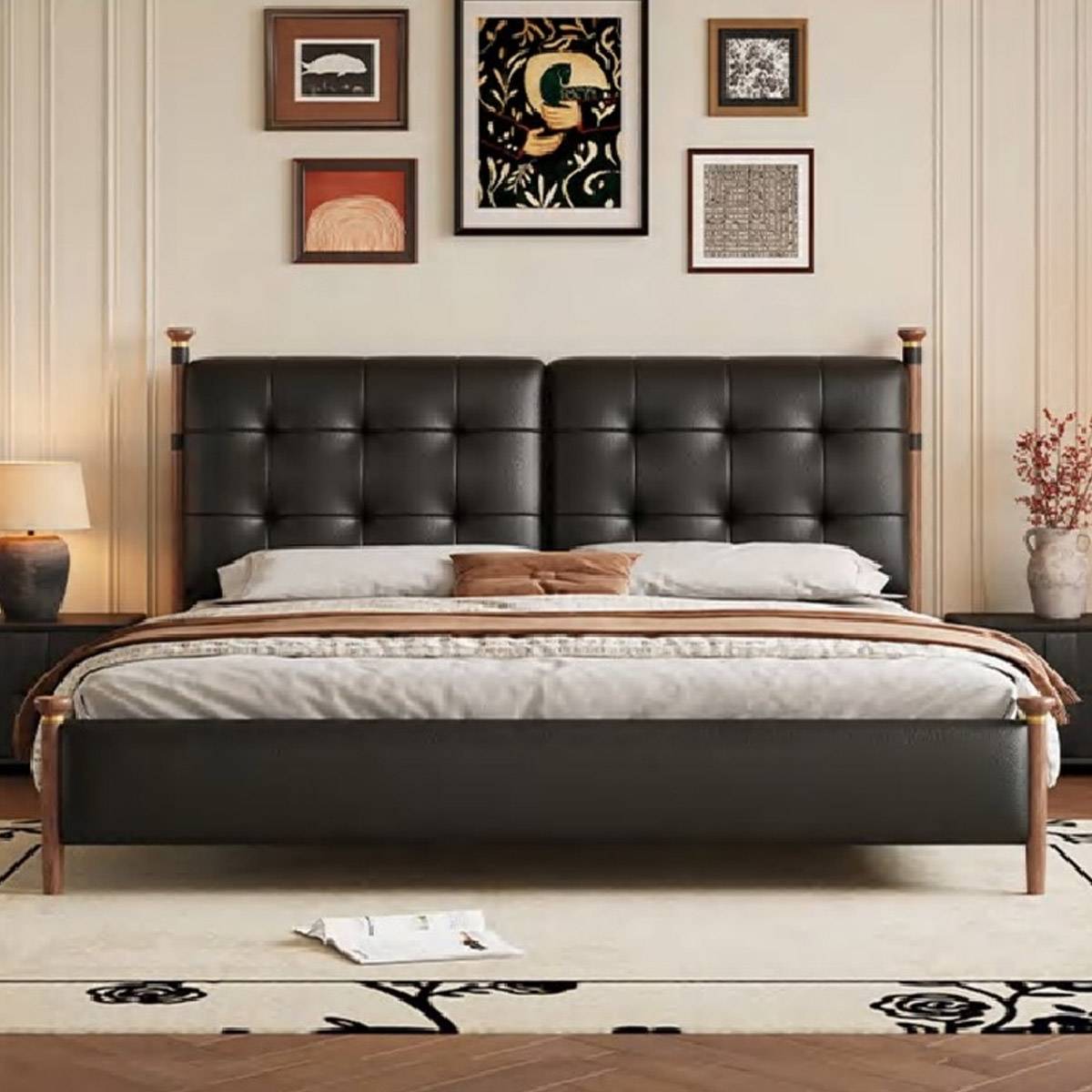 Front view of the bed highlighting the symmetrical tufted headboard and oak frame details