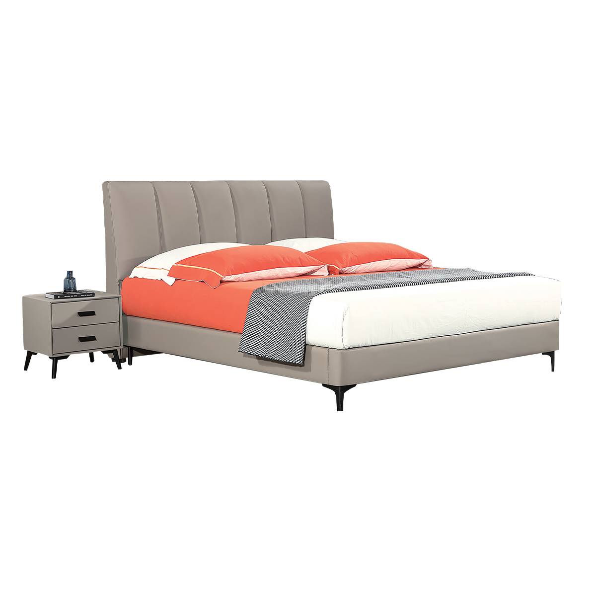 Grey upholstered bed with orange bedding on white background