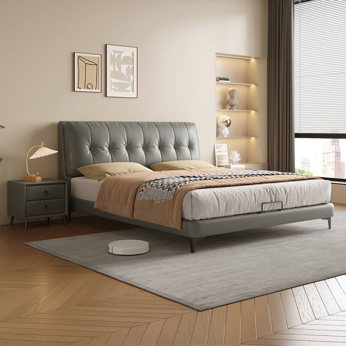 Side view of the grey tufted bed showing the frame and legs