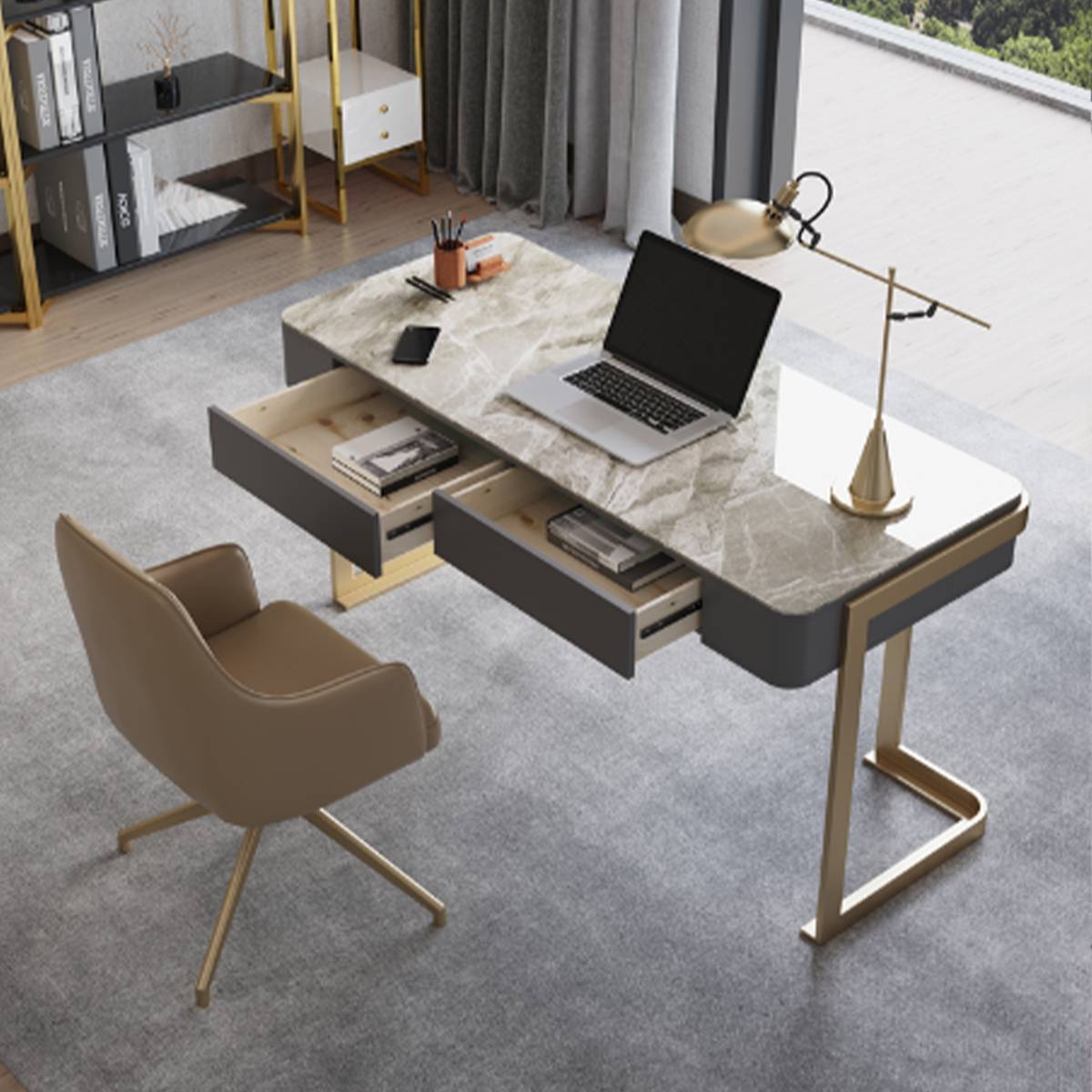 Gold and grey modern desk with open drawers showing larch wood interior