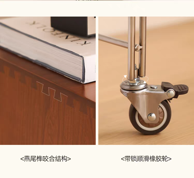 Detail shots showing dovetail joint structure and smooth rubber wheels with locks