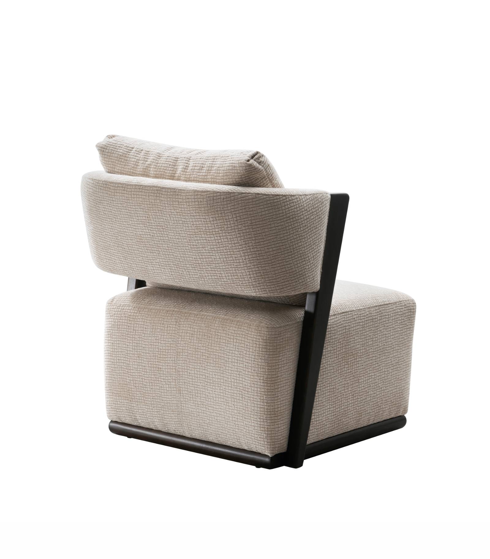 Side view of the beige fabric lounge chair showing the dark wood frame structure