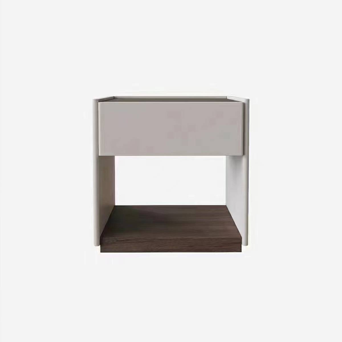 Front view of bedside table against a white background showing the drawer and open shelf
