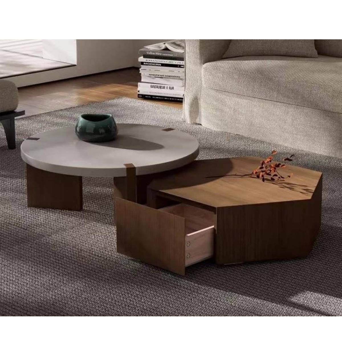 Close-up view of the hexagonal coffee table with the drawer open, revealing the storage space.