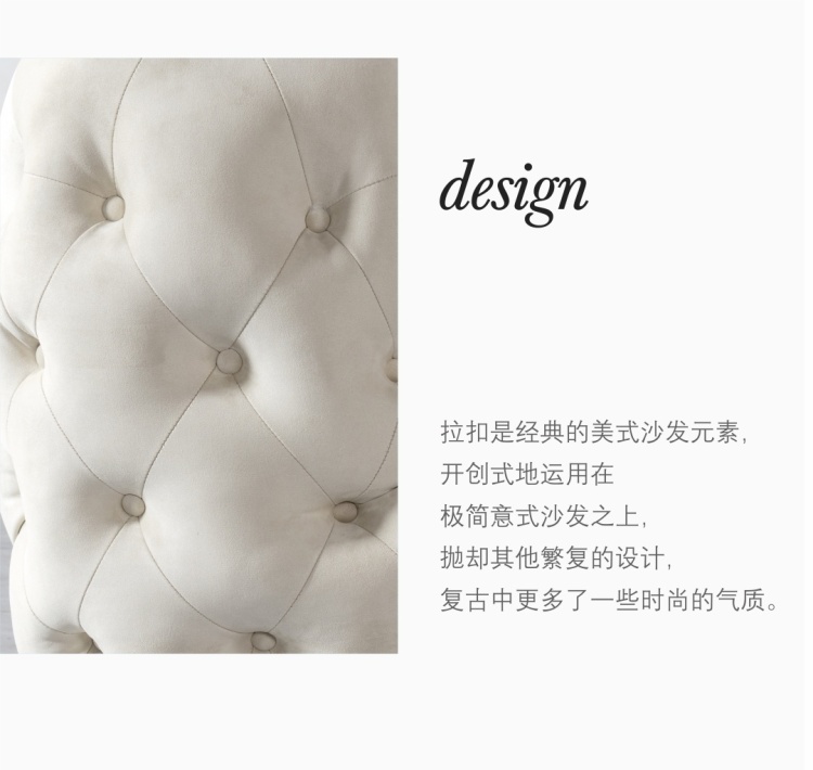 Close-up of the button tufting design with text explaining the fusion of American and Italian styles