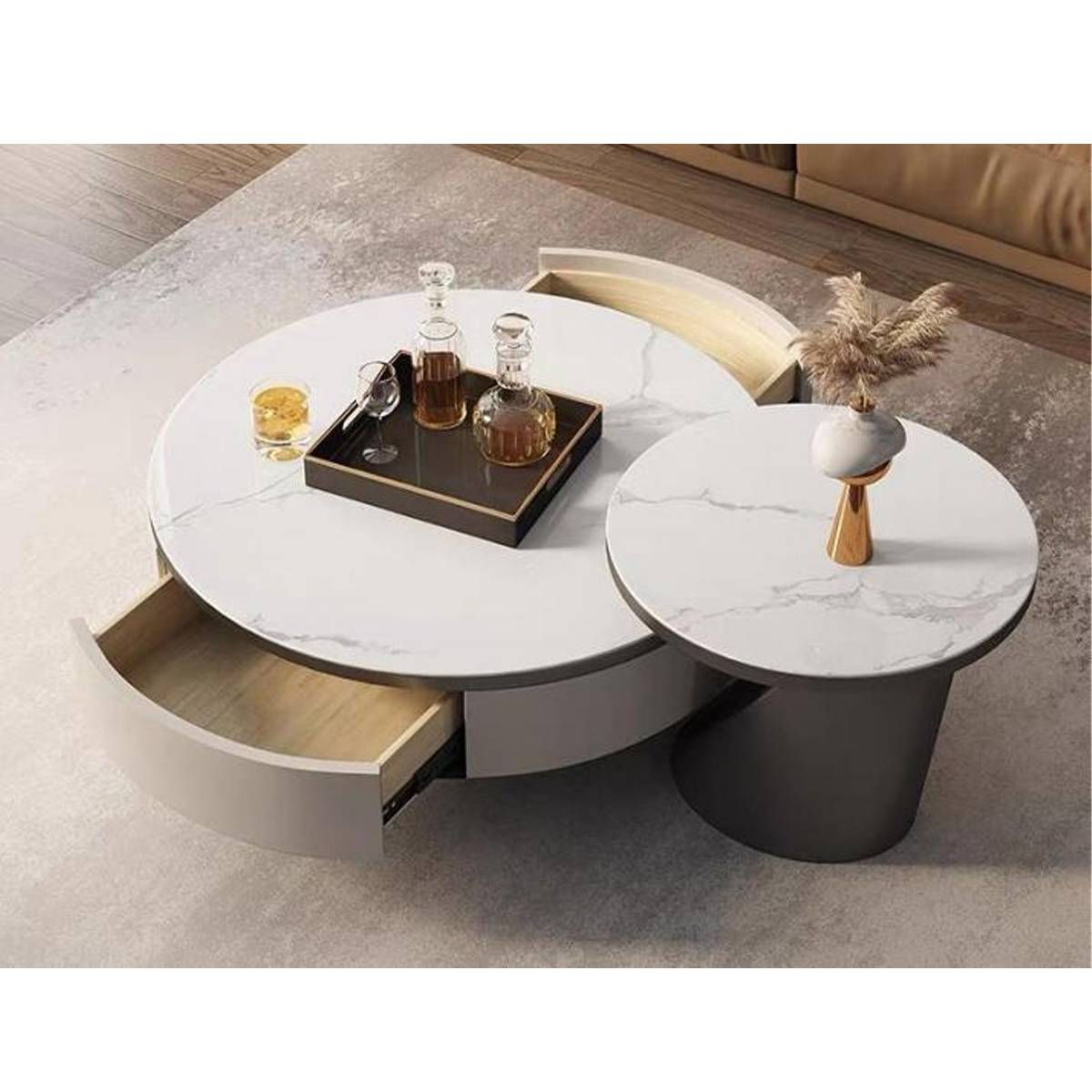 Top-down view showing the open curved drawers of the coffee table set
