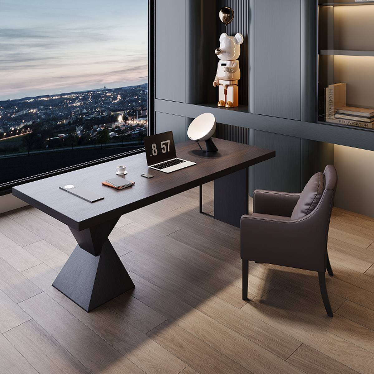 Angled view of the desk with office chair and city view background