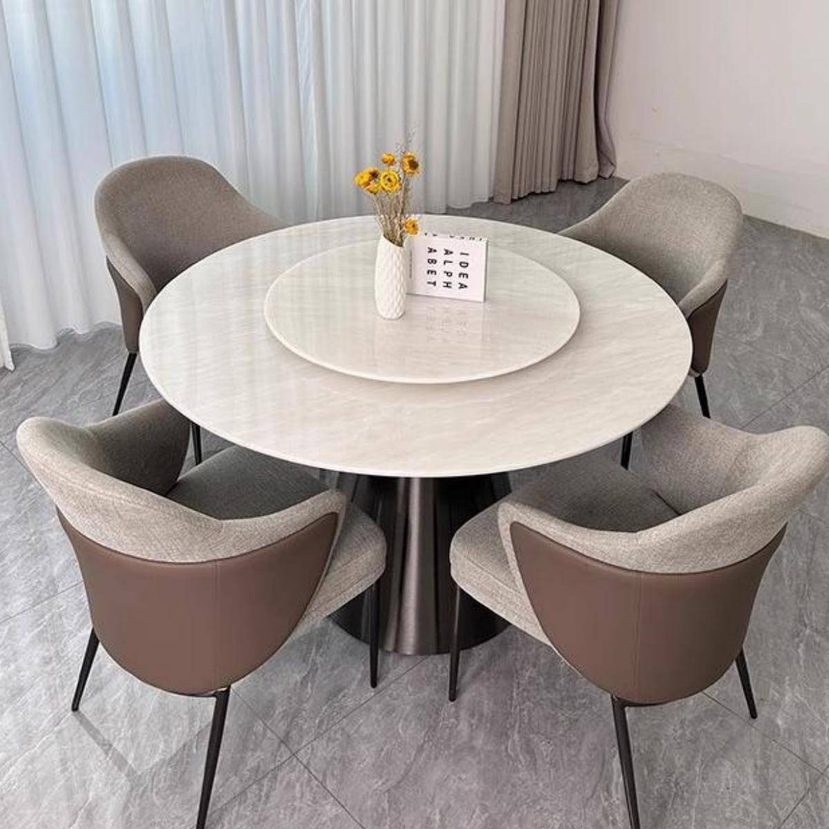 Cari Ice Jade Natural Marble Luxury Stone Round Dining Table with Stainless Steel Grey Steel Bullet Base (Z60-S79)