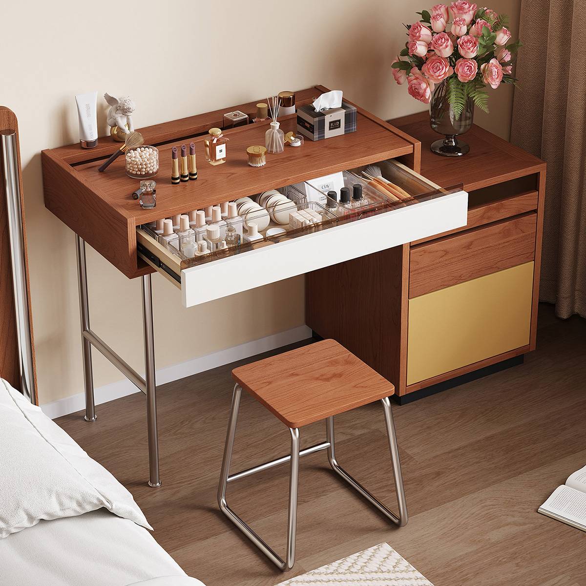 Side view of the vanity table with pull-out desktop extended