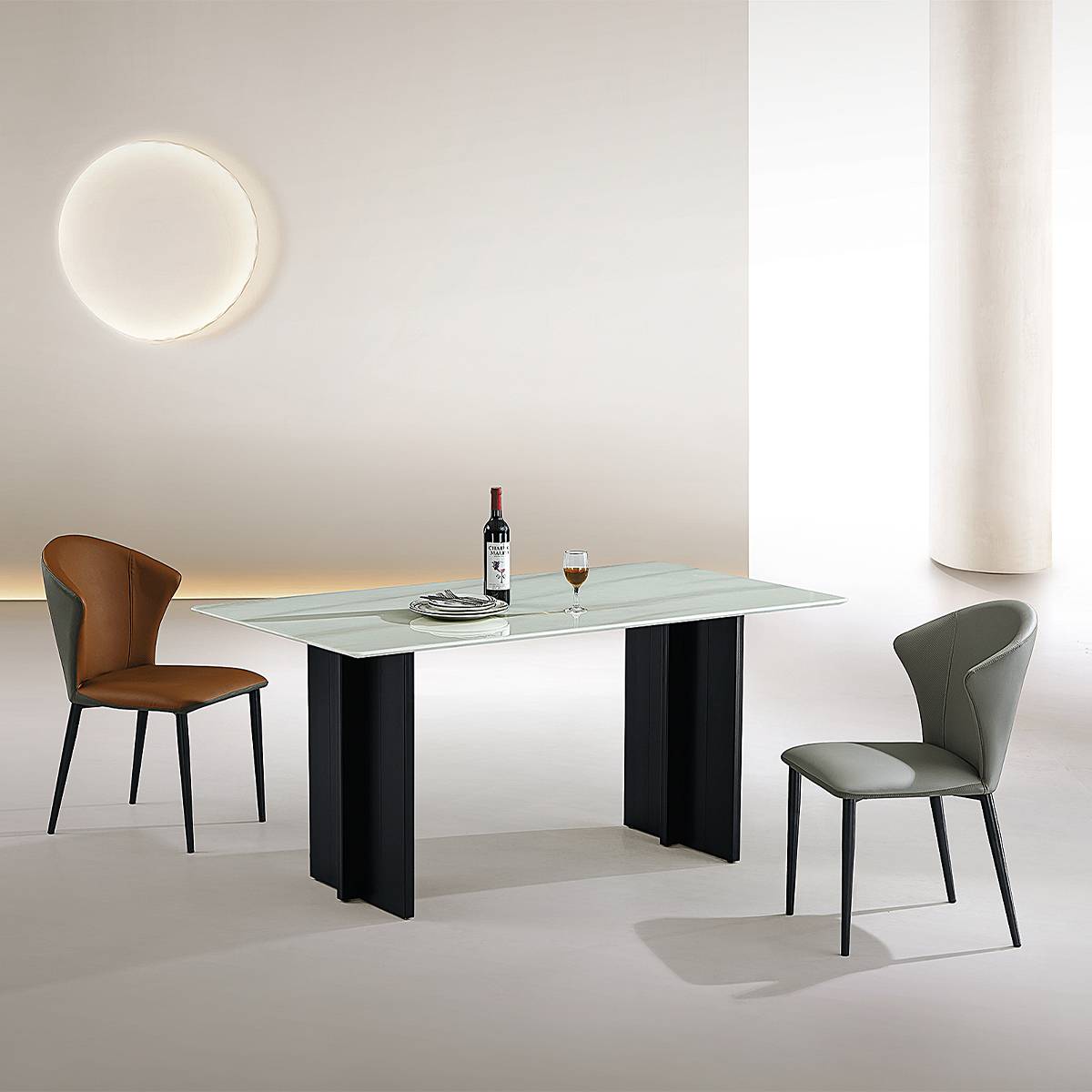 Lifestyle shot of the dining table set with wine and plates, accompanied by two chairs