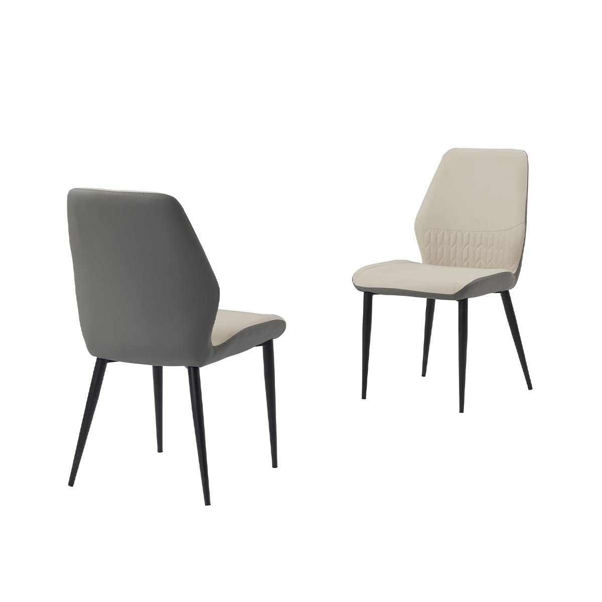 Two dining chairs with two-tone grey and beige upholstery and carbon steel legs