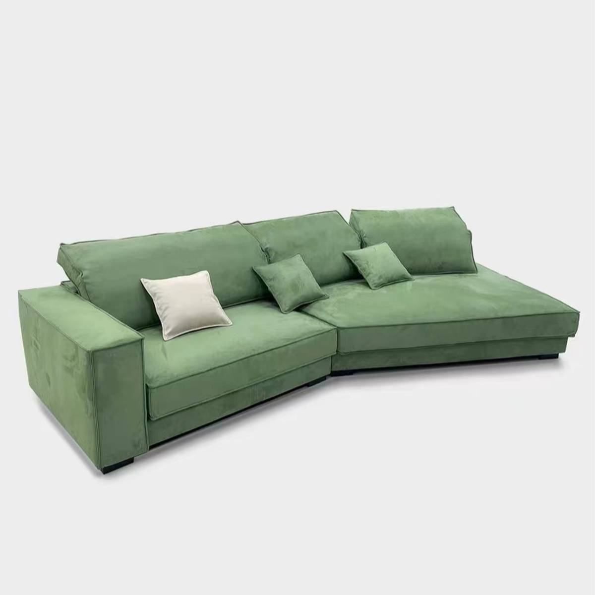 Green matte fabric sectional sofa with chaise lounge