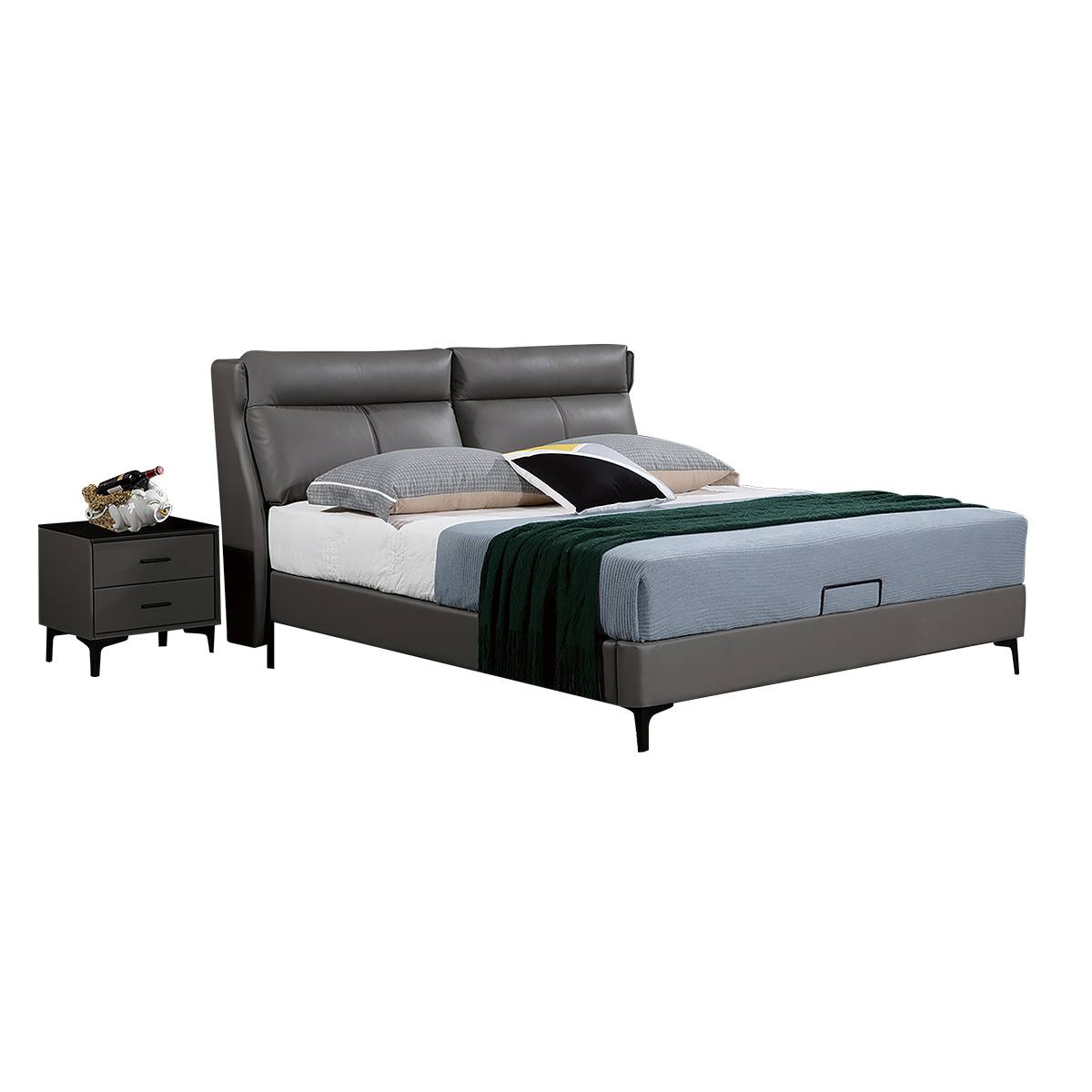 Side view of the grey upholstered bed showing the frame and legs