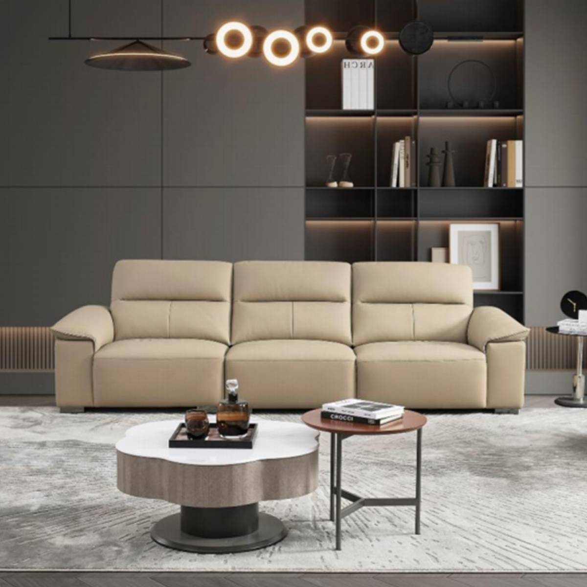 Front view of the beige leather sofa with coffee table