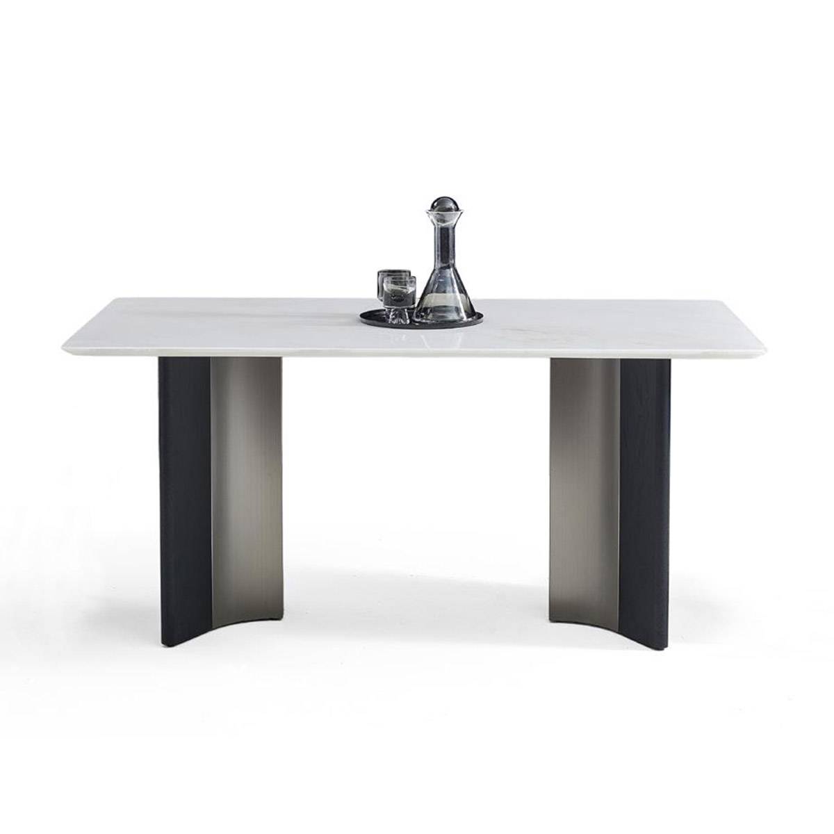Front view of the dining table showing the stainless steel and board base structure