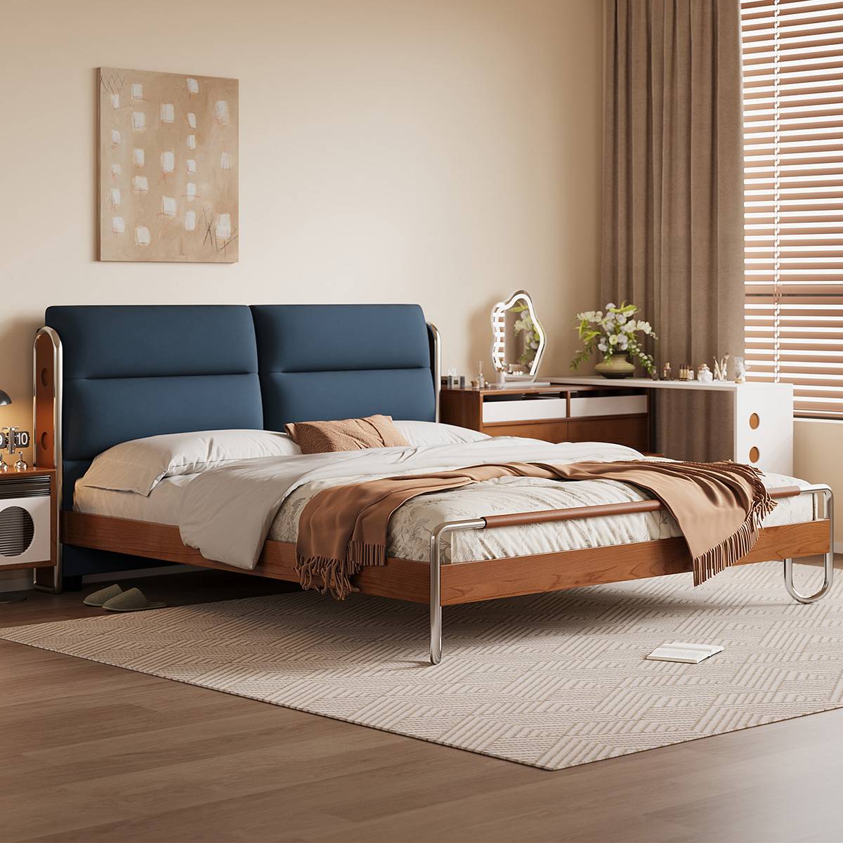 Klein blue upholstered bed in a bedroom setting