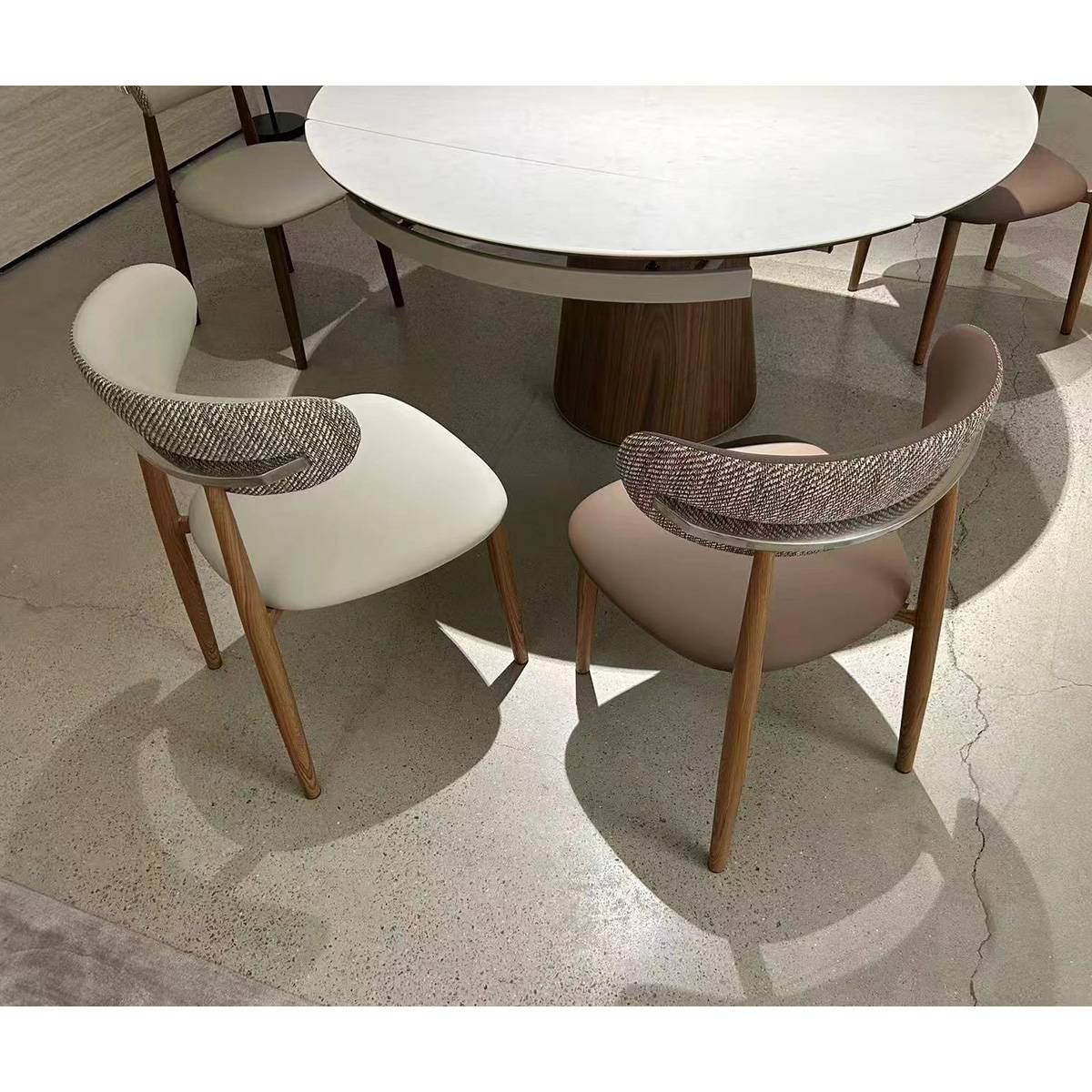 Dining table set with beige and brown dining chairs