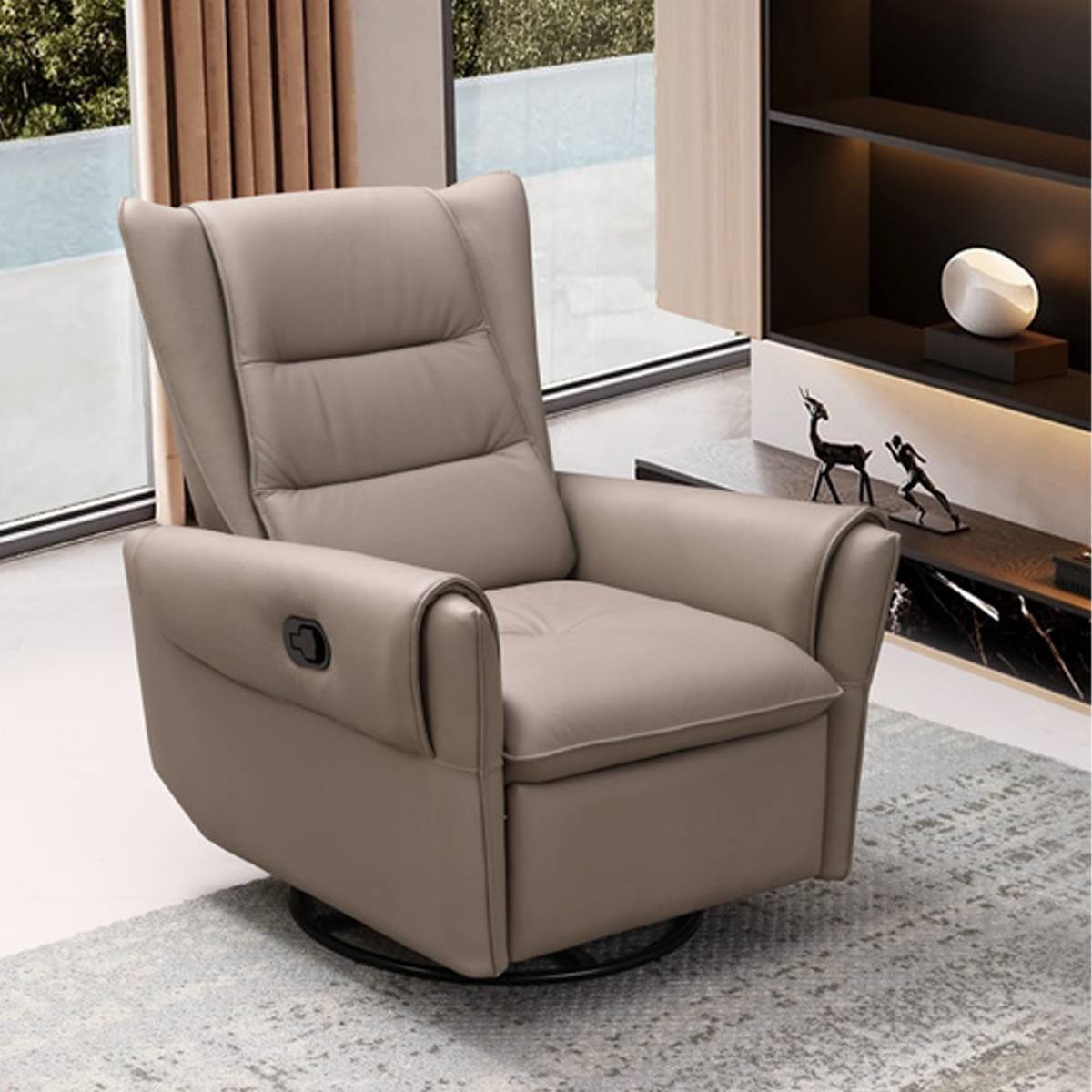 Beige leather manual recliner swivel chair in upright position