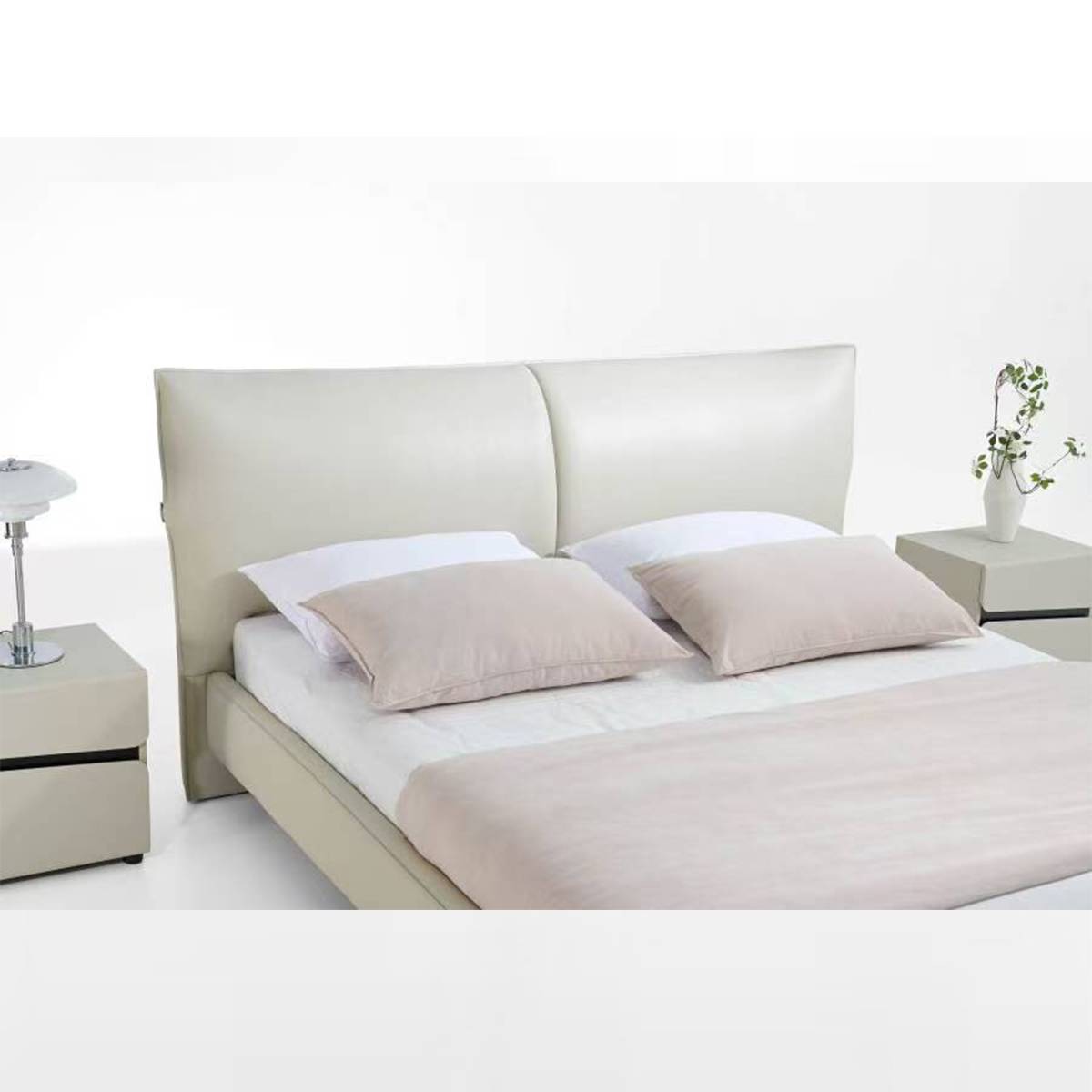 Close-up view of the bed headboard and pillows
