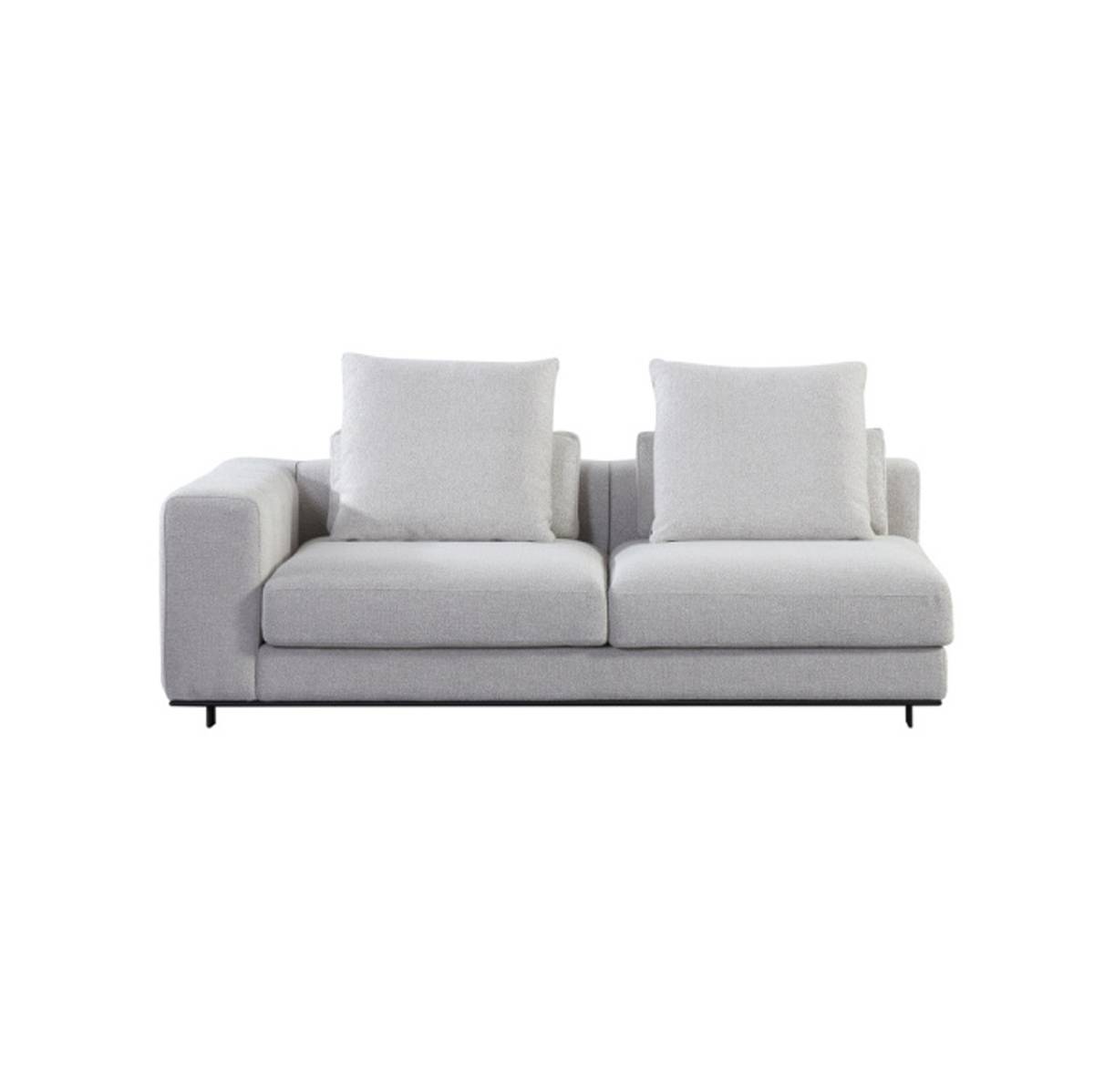 Front view of a light grey fabric sofa with piano-key tufting and square back cushions