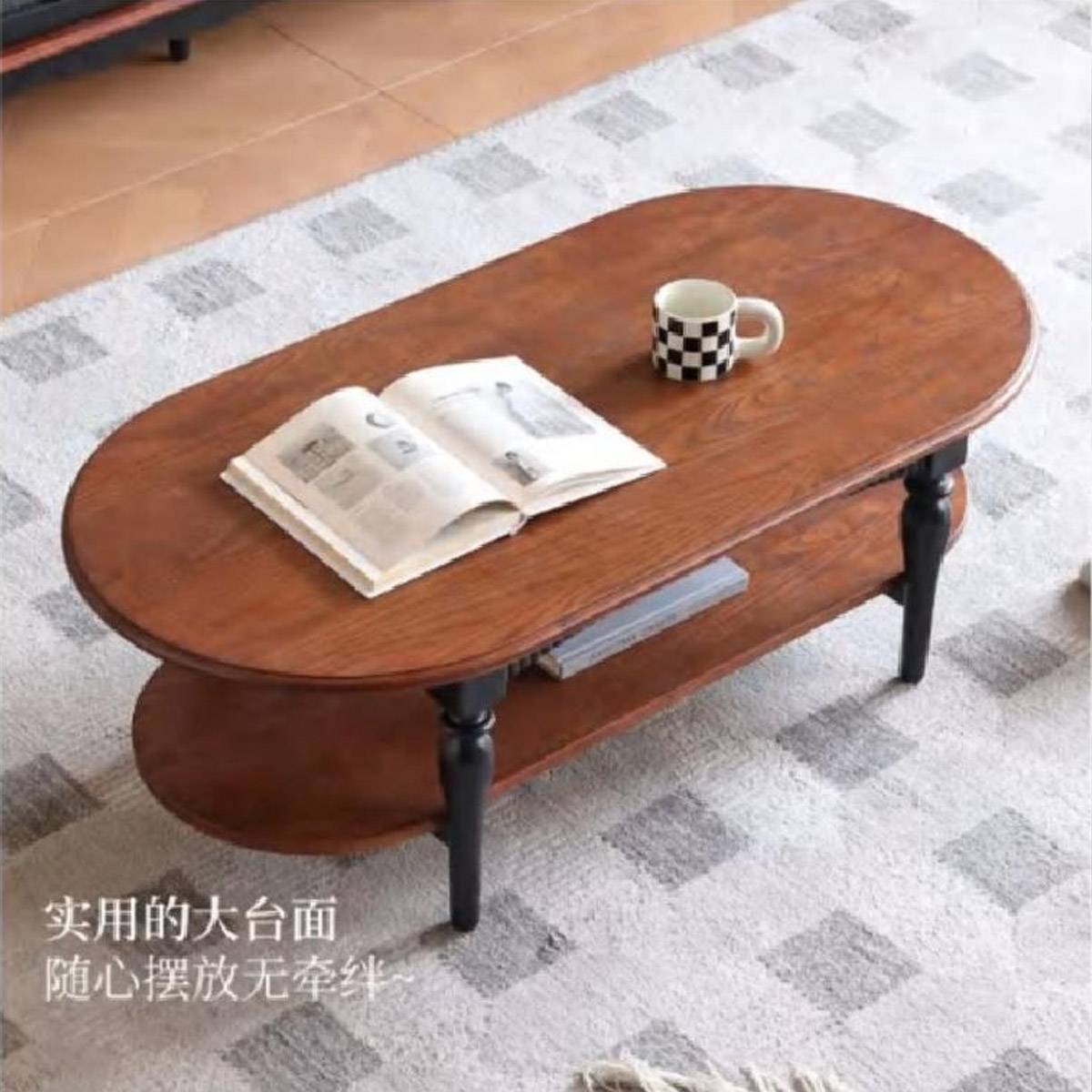 High-angle view of the coffee table highlighting the spacious top surface and lower shelf.