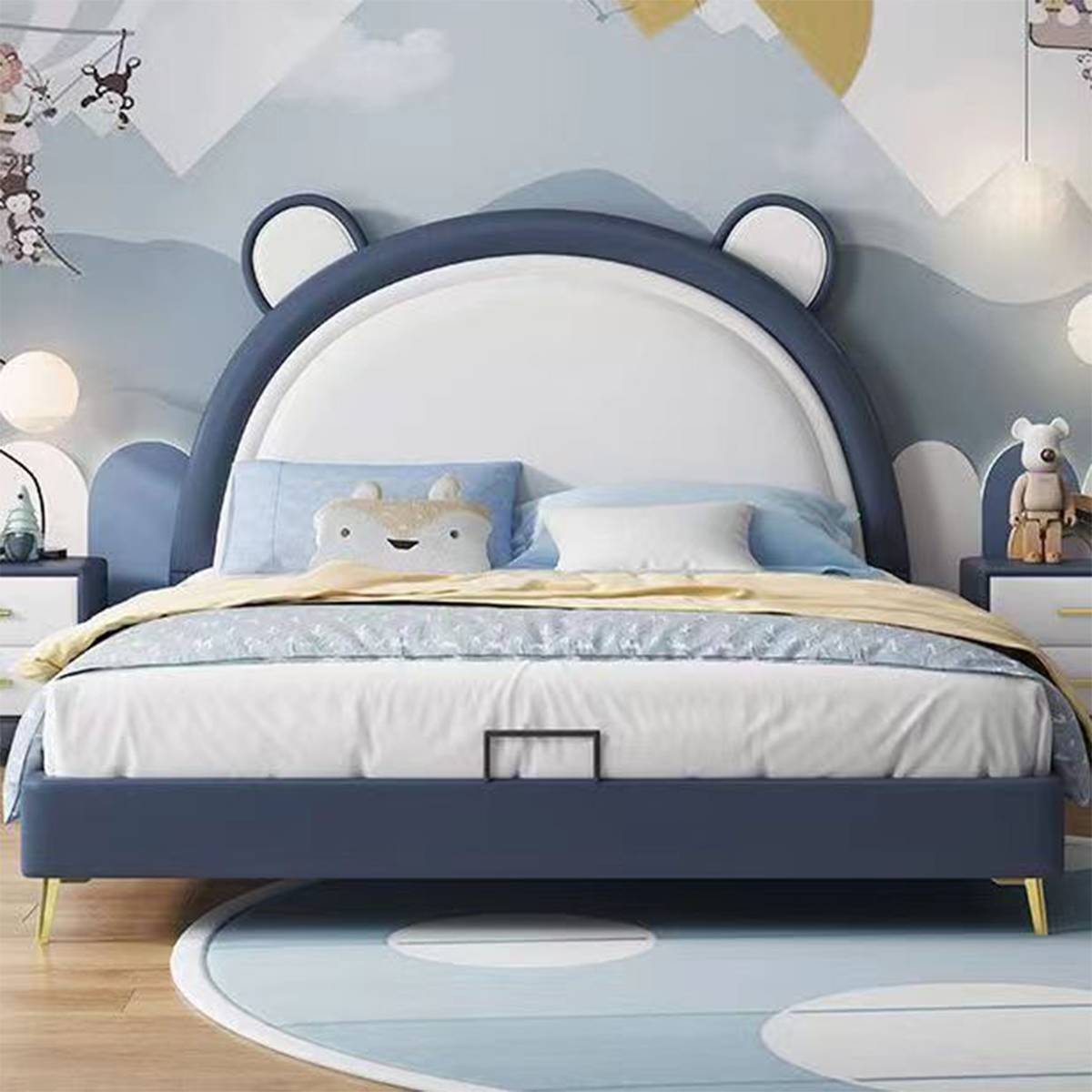 Deep blue and white children's bed with bear ear headboard