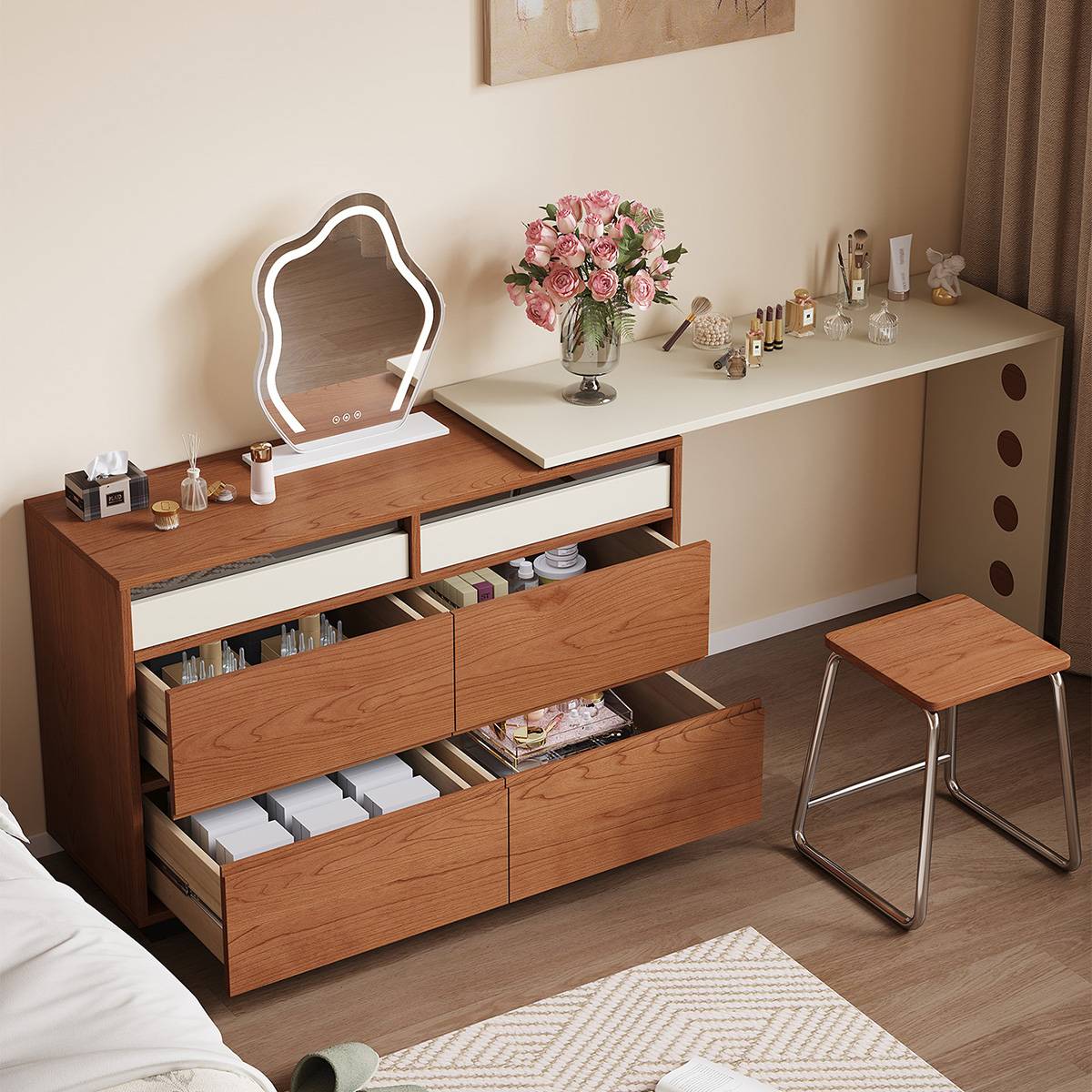 Vanity desk with drawers open showing storage organization