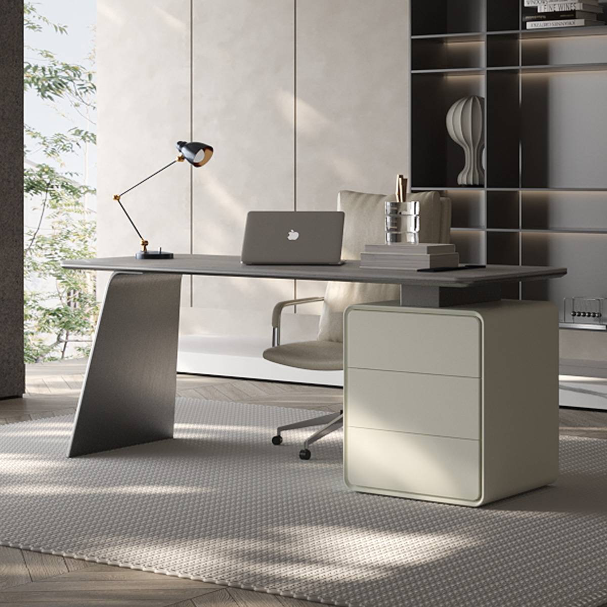 Side profile of the desk showing the stainless steel leg and drawer unit