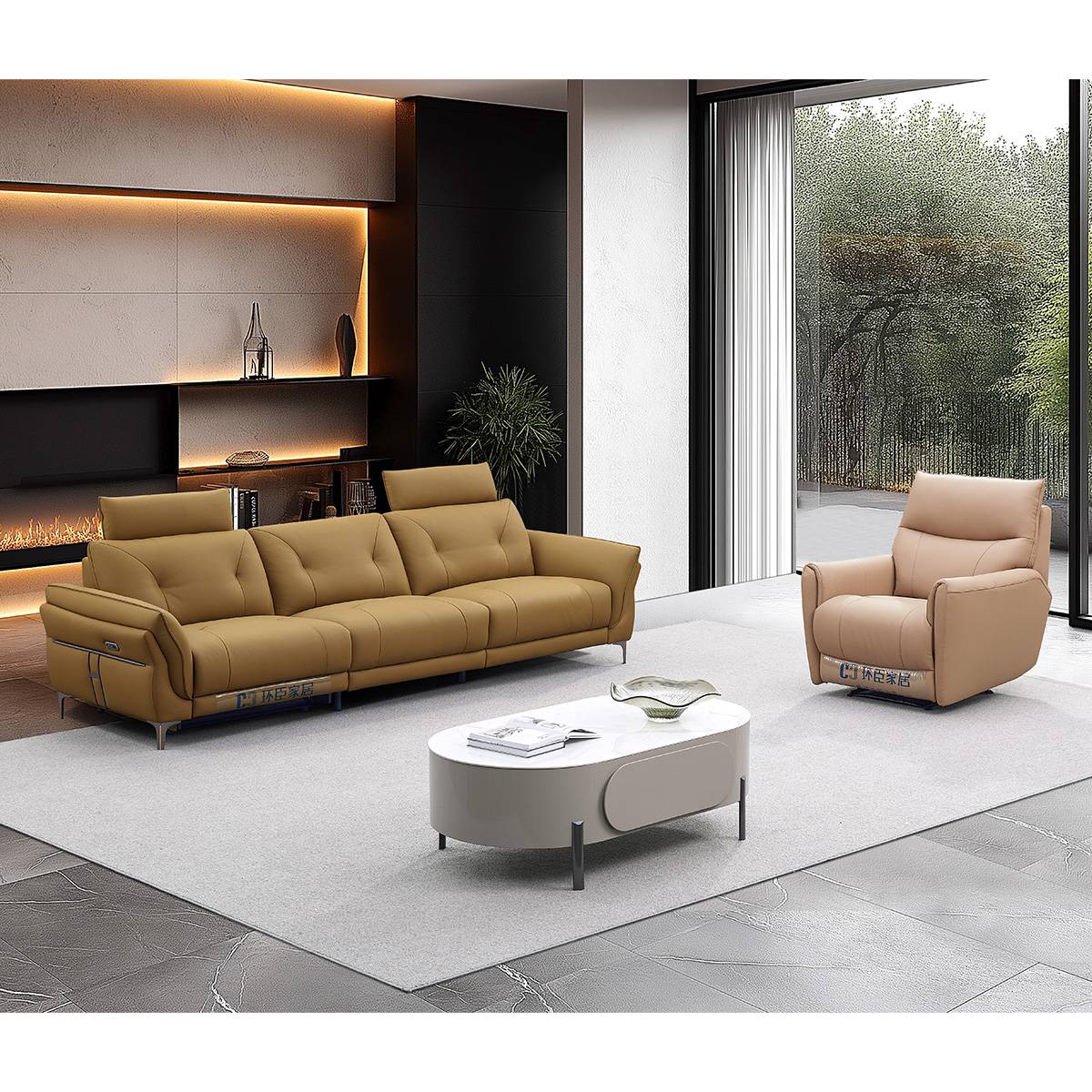 Full living room setup showing the sofa and matching armchair