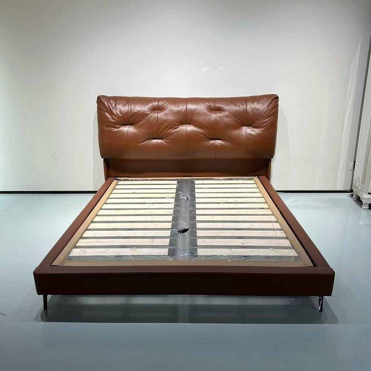 Front view of the bed frame showing the slat system