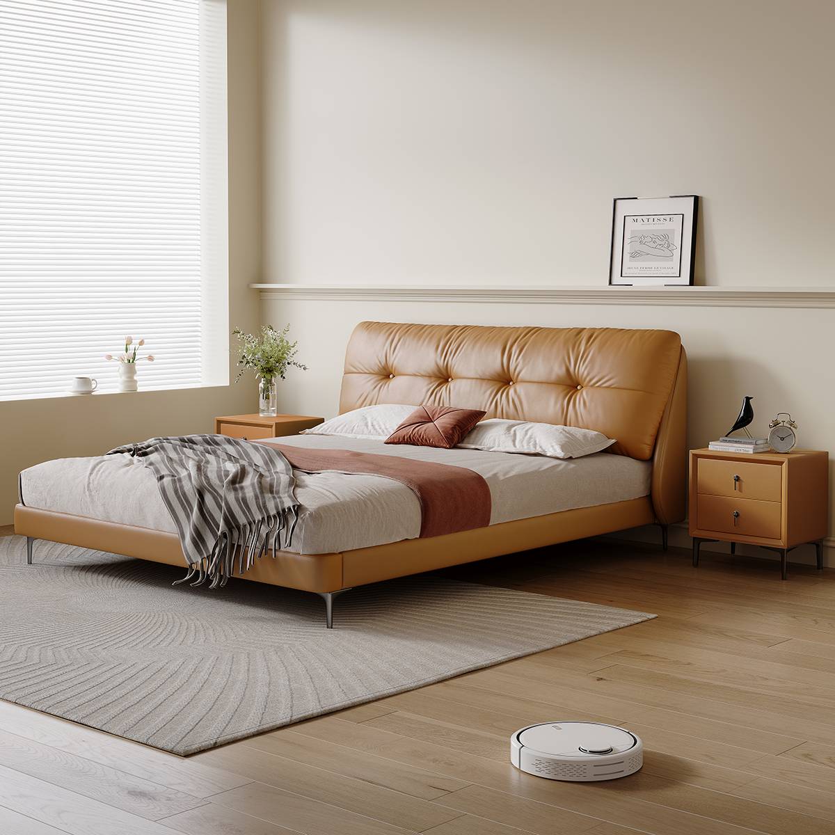 Tan leather version of the mid-century modern bed