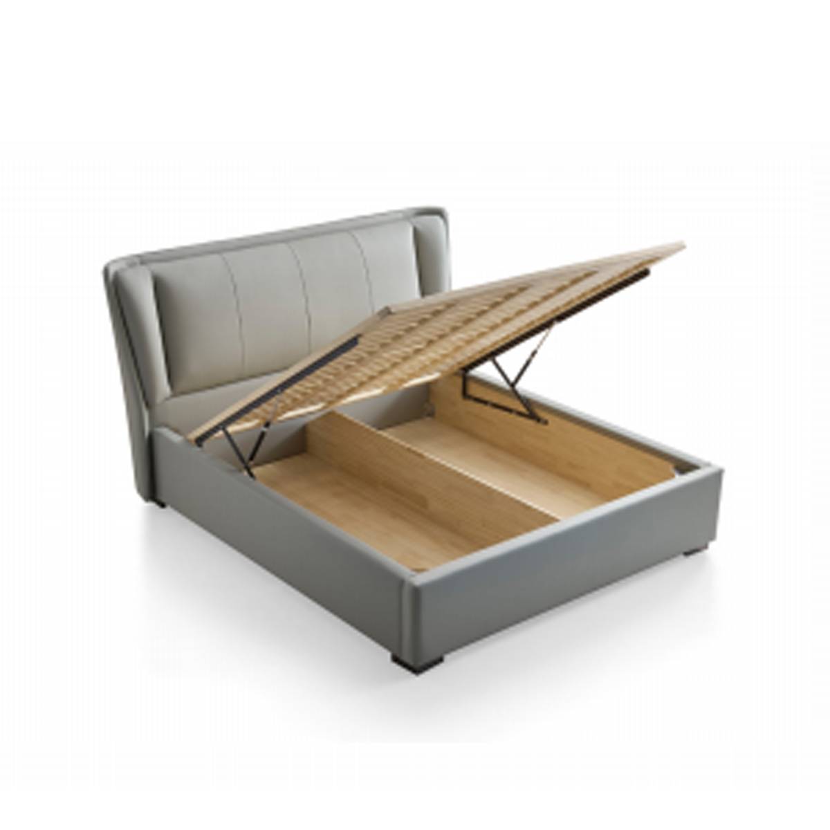 Bed frame with storage box open showing gas lift mechanism and wooden interior